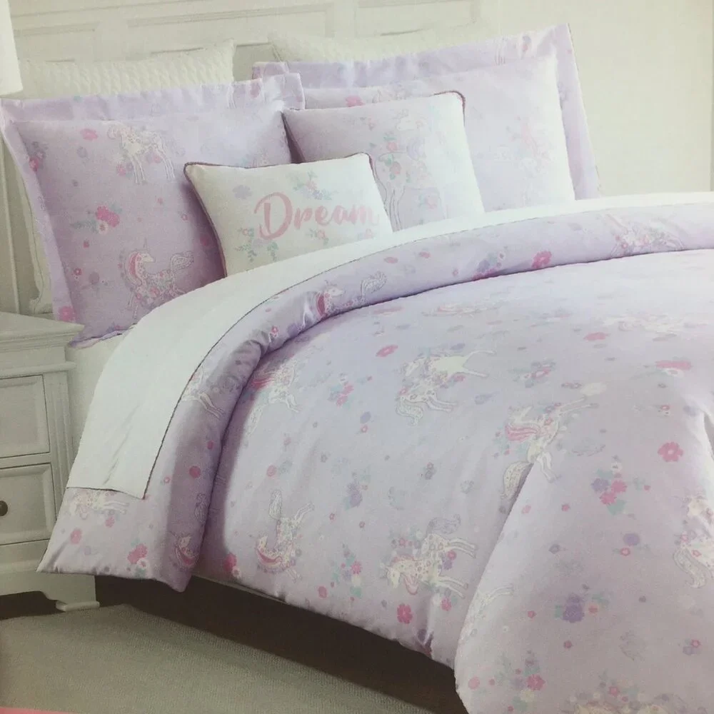 5pc Nicole Miller Unicorn FULL QUEEN Comforter Sham 2 Pillows Set Floral Purple